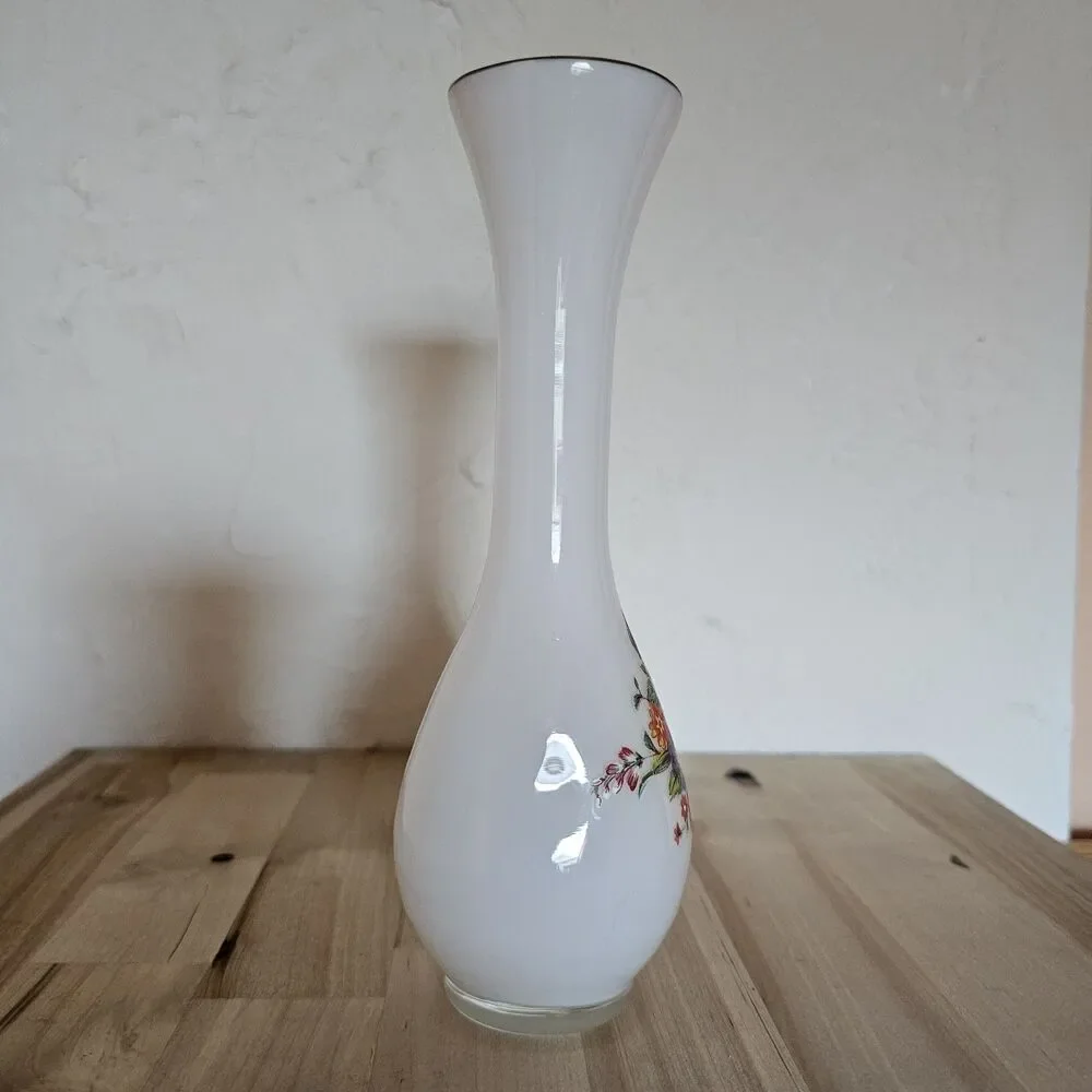 Vintage Frosted Glass Bud Vase – Floral Transfer Design – Mid Century Modern